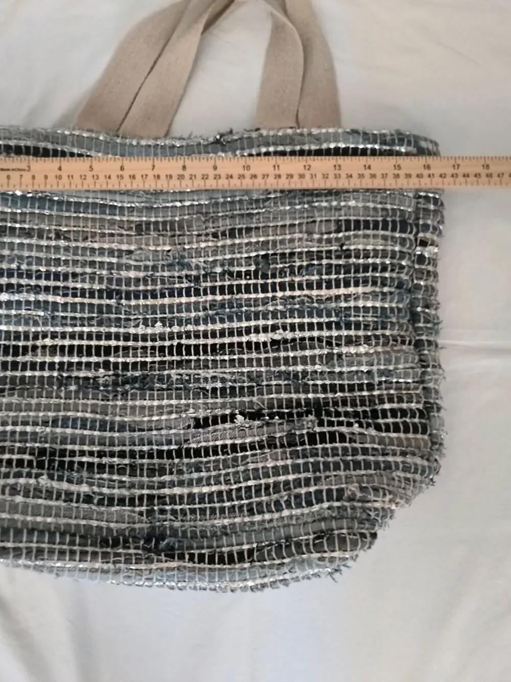 Hand-made in India, oversized blue and silver tote